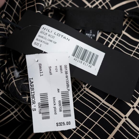 Nili Lotan Isabella Cami Top Black Cream Plaid 100% Silk V-Neck SZ S NWT - Picture 6 of 7